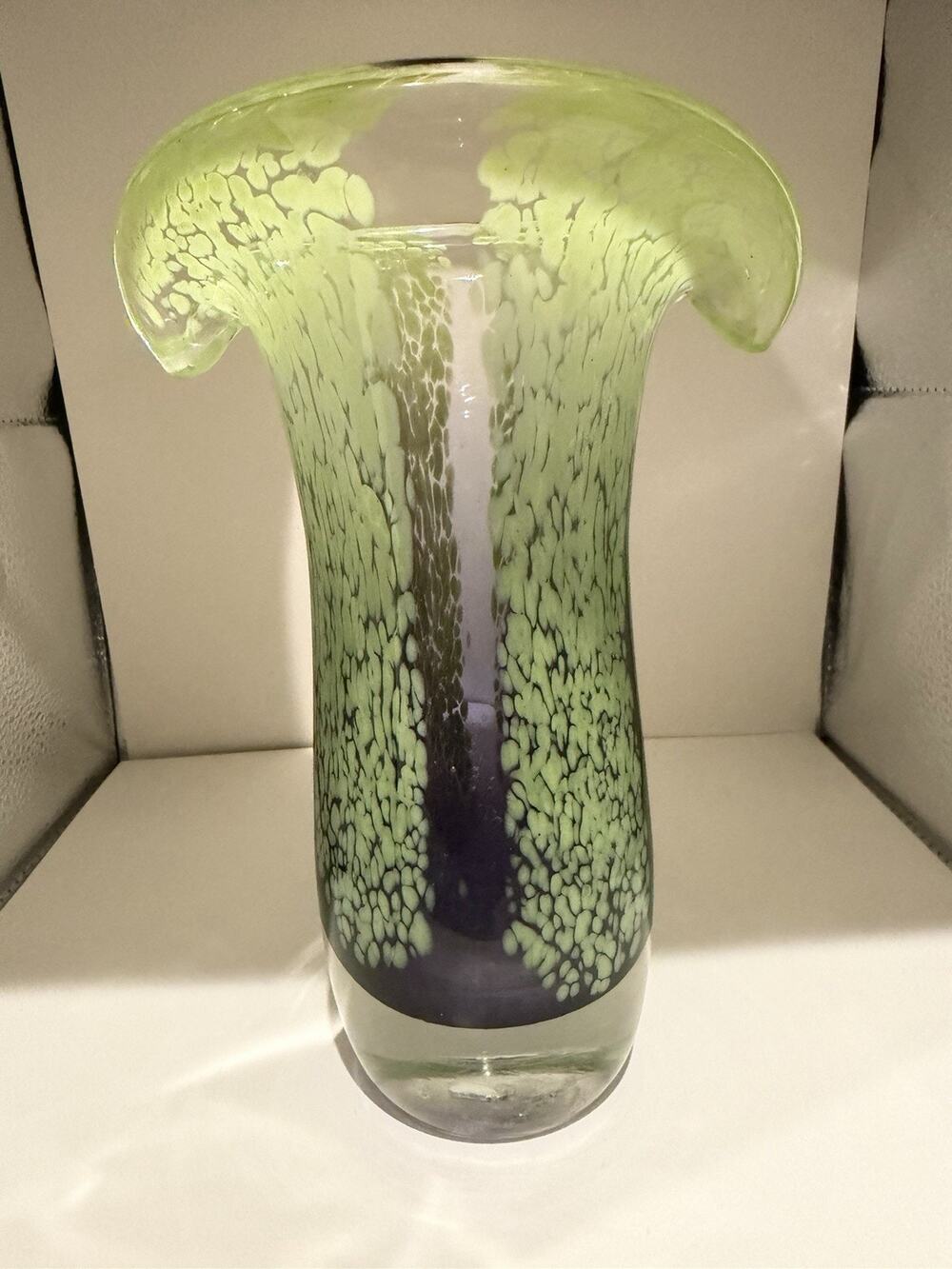 Vintage Teleflora Murano Art Glass Vase Lime Green Purple Waterfall Hand Blown